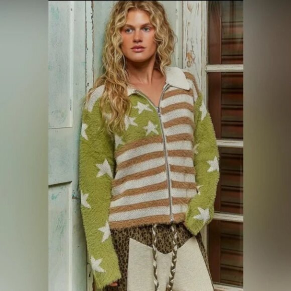 P43 - POL Green and Tan Stars Flag Mohair Sweater Jacket - Picture 6 of 6